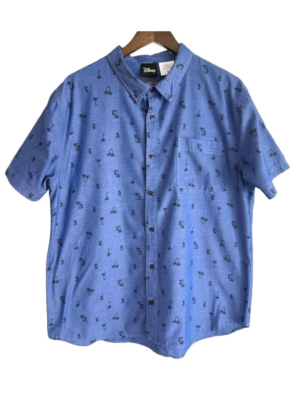 Disney Mickey Mouse Tropical Shirt XL Blue Palm Tree Button Up Beach Casual
